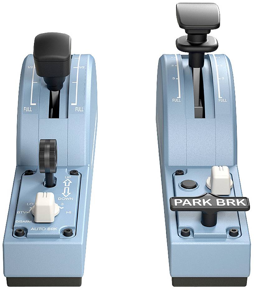 Dva modré řídicí páky pro letecké simulátory. Levá páka s funkcí automatické brzdy, pravá páka s označením 'PARK BRK'.