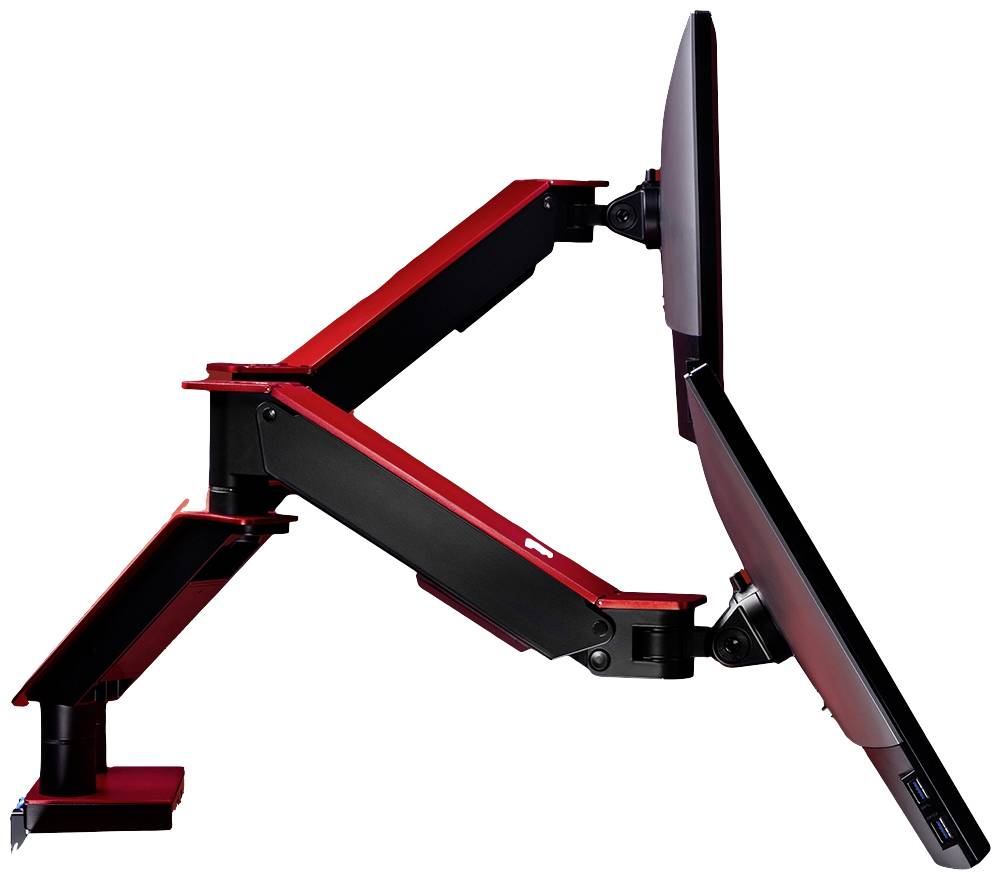 Červený, nastavitelný ramena monitoru drží obrazovku. Rameno ukazuje technickou flexibilitu a ergonomický design.