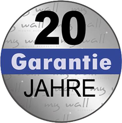 Kulaté logo s nápisem '20 let záruky', černý text na stříbrném pozadí, modrý pruh s textem 'Záruka'.