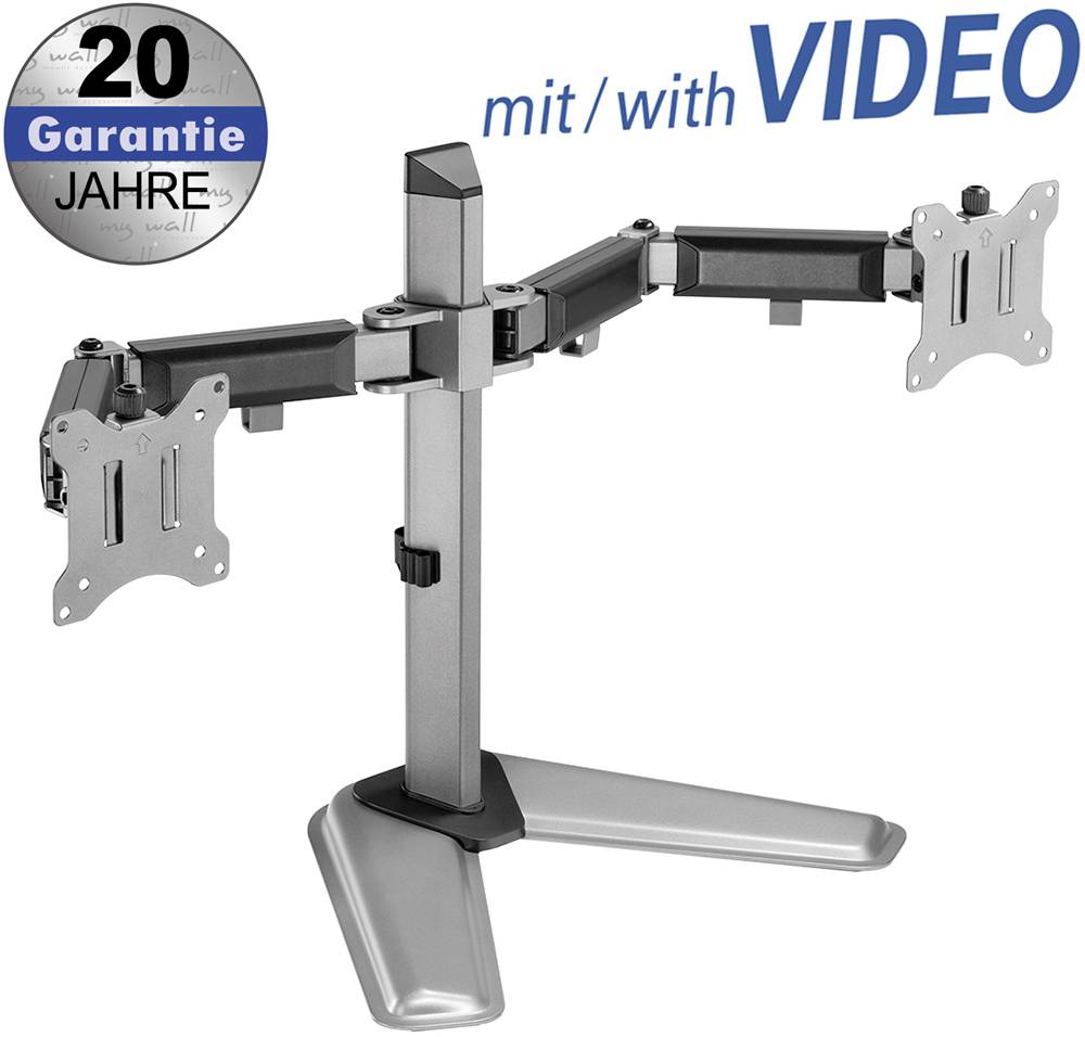 Kovový stojan na dva monitory se dvěma otočnými rameny pro monitory. Potisk: '20 let záruky s videem'.