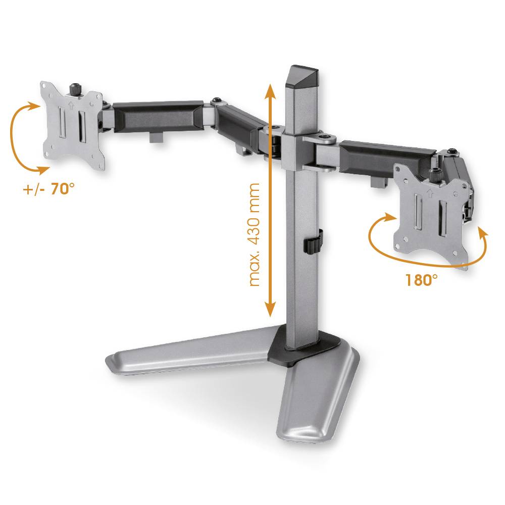 Kovový držák monitoru se dvěma rameny, výškově nastavitelný až do 430 mm, s rotačním úhlem až 180° a náklonem +/- 70°.