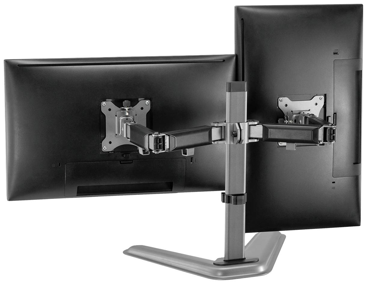 Dvě zadní strany monitorů upevněné na jednom monitorovém rameni; rameno umožňuje flexibilní polohování.