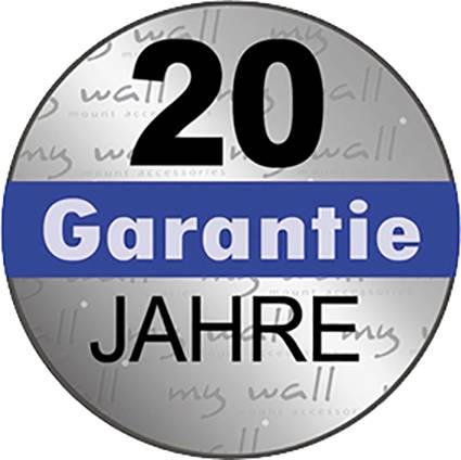 Na kulatém pozadí jsou velkými černými a modrými písmeny napsány „20 let záruky".