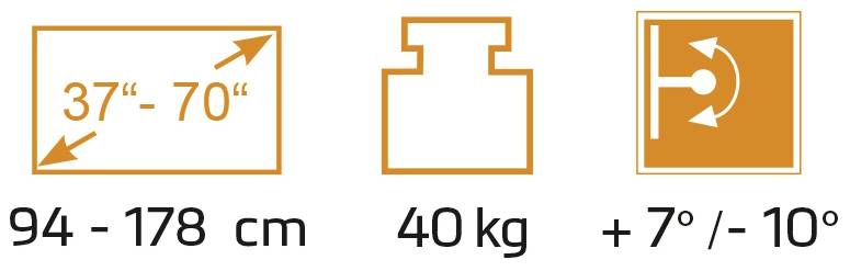 Obrázek zobrazuje specifikace obrazovky: velikost 37-70 palců, šířka 94-178 cm, hmotnost 40 kg, sklon +7°/-10°.