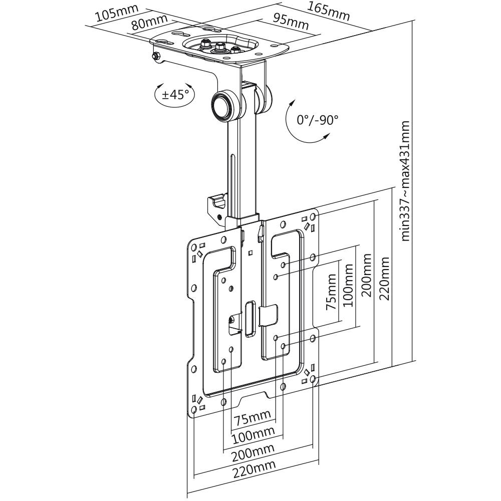 Montážní návod pro stropní držák s nastavitelnými úhly od 0° do 90° a variabilní výškou od 337 mm do maximálně 431 mm.