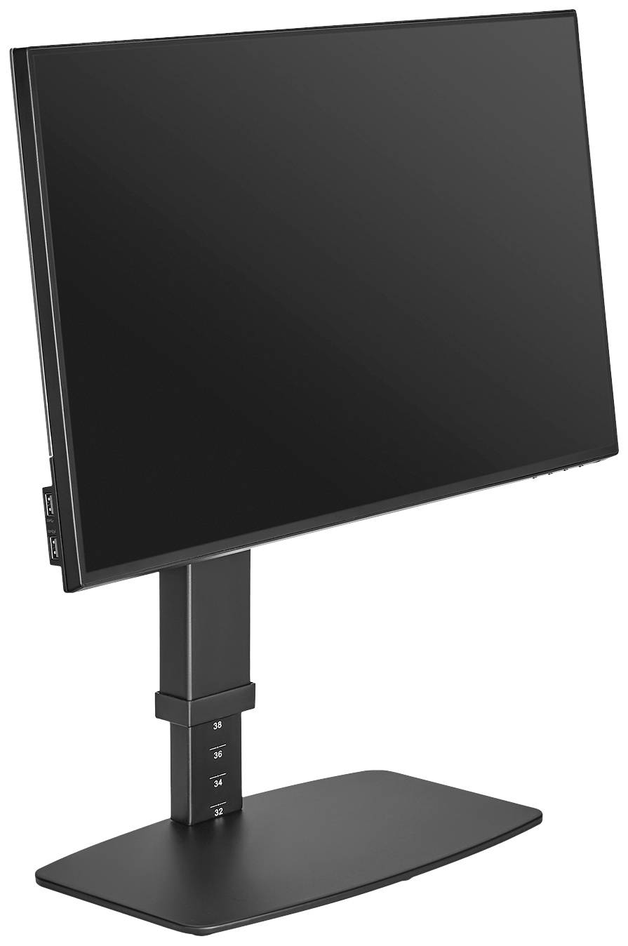 Černý plochý monitor na výškově nastavitelném stojanu, po straně viditelné USB porty.