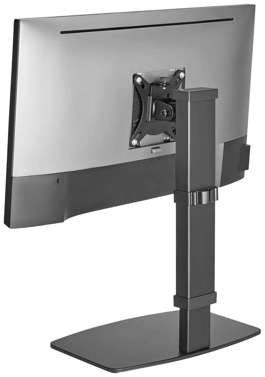 Počítačový monitor zezadu na výškově nastavitelném stojanu, stříbrný zadní kryt, vhodný pro ergonomické uspořádání pracoviště.