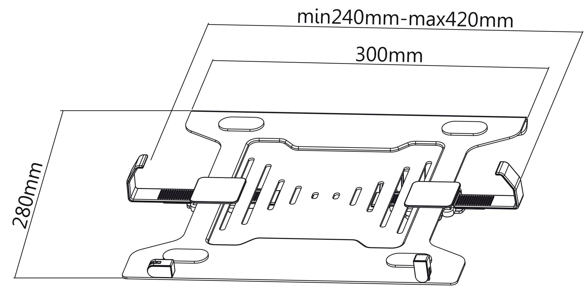 Diagram nastavitelného držáku řemenového kotouče. Šířka: 240-420 mm, hloubka: 280 mm, s vyznačením v 300 mm.