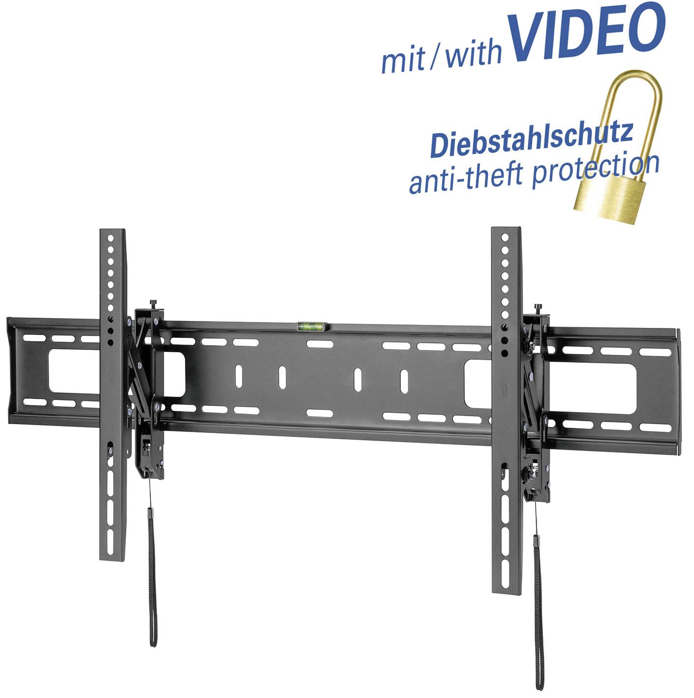 Nástěnný držák pro ploché televize, s integrovanou ochranou proti krádeži, k dispozici instruktážní video.