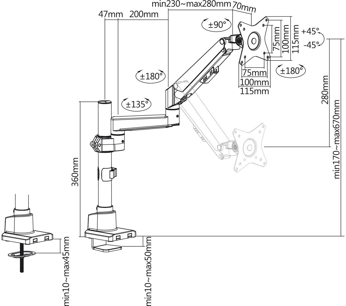 Graf monitoru s rameny s rozměry: Výška 360 mm, dosah 230-280 mm, rozsah otáčení až 180°, náklon až 90°.