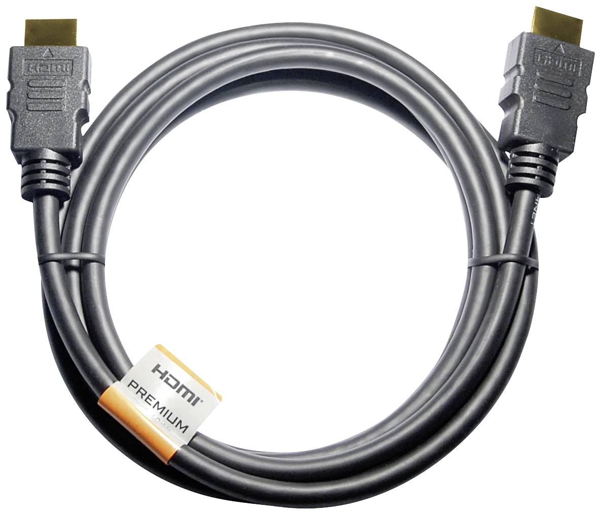 Černý HDMI kabel s dvěma konektory a štítkem s nápisem 'HDMI Premium'.