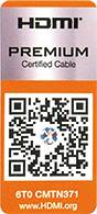 Samolepka 'HDMI Premium Certified Cable' s QR kódem a textem '6T0 CMTN371'. Odkaz na webové stránky 'www.HDMI.org'.