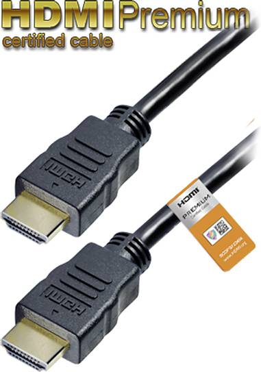 Dva černé HDMI kabely se zlatými konektory. Text vlevo nahoře: 'HDMI Premium certifikovaný kabel' ve zlatém písmu.