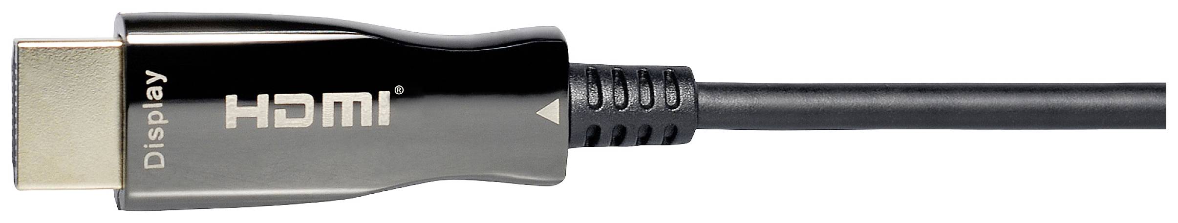 HDMI kabel s černou zástrčkou, na které je napsáno "Display HDMI", ukazuje možnost připojení pro vysoce kvalitní audio a video signály ve vysokém rozlišení.