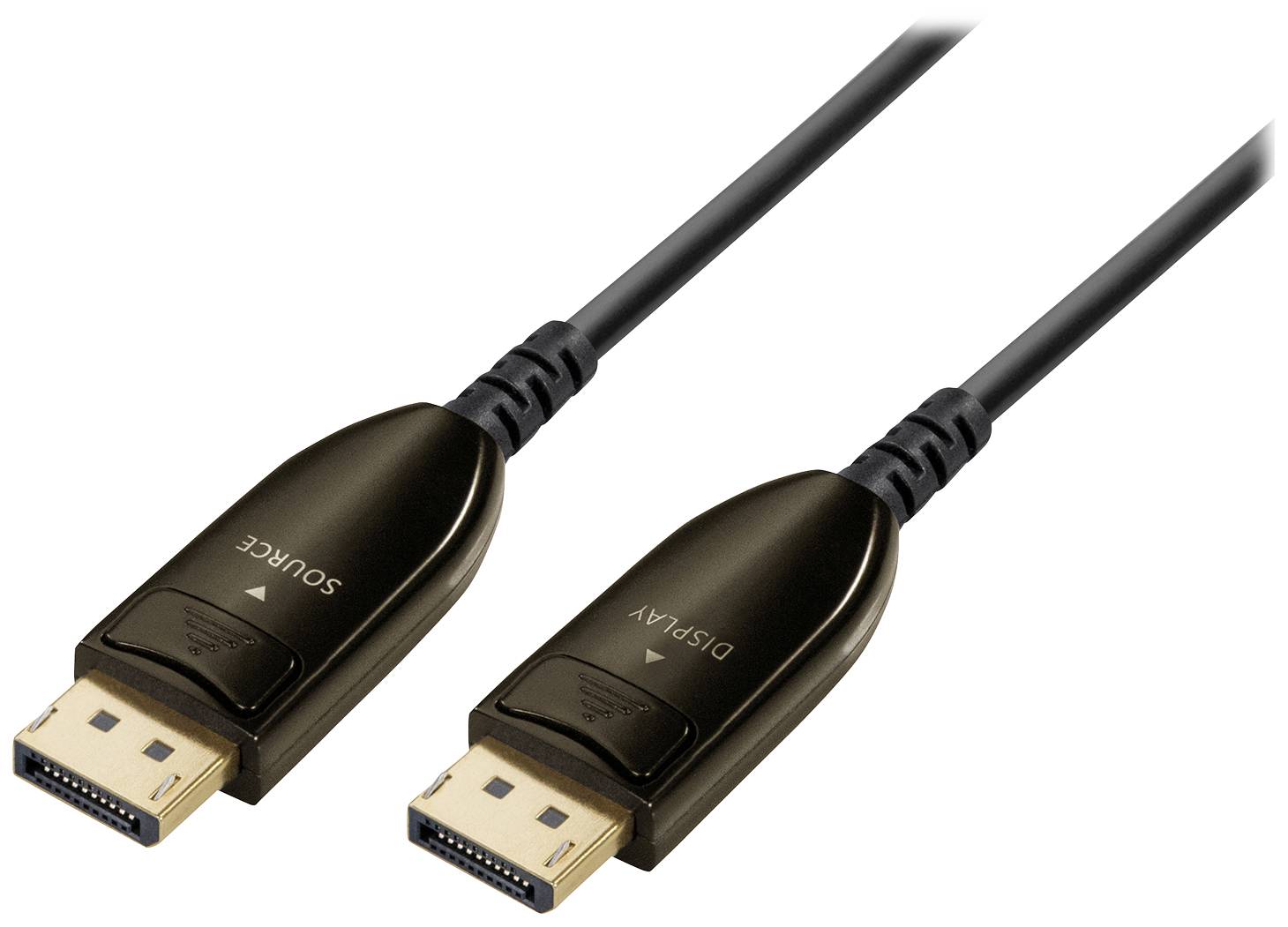 Černý DisplayPort kabel se dvěma konektory na obou koncích, označený štítky "Source" a "Display" pro přenos signálu.