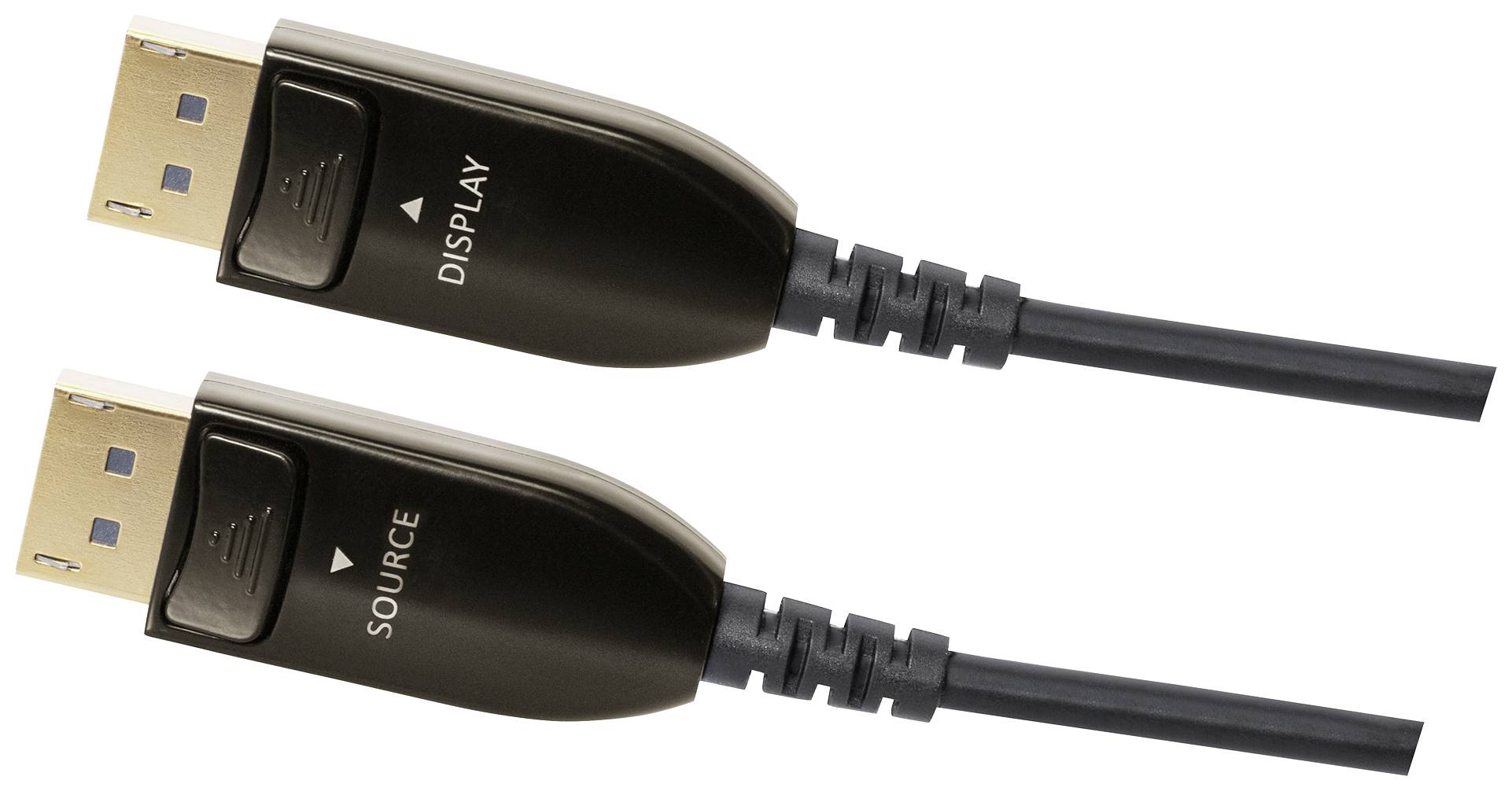 Dva DisplayPort kabely se zlatými konektory. Jeden je označen nápisem 'Display' a druhý nápisem 'Source'.