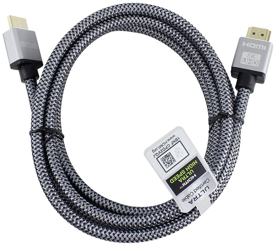 Opletený HDMI kabel, označený štítkem '8K UHD' a 'Ultra High Speed'. Vhodný pro vysoce kvalitní video přenosy.