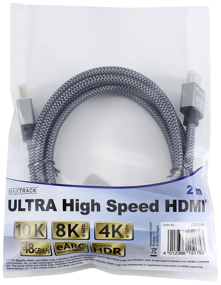 Maxtrack 2m Ultra High Speed HDMI kabel v šedém balení; podporuje 10K, 8K, 4K, 48 Gbit/s, eARC, dynamické HDR.