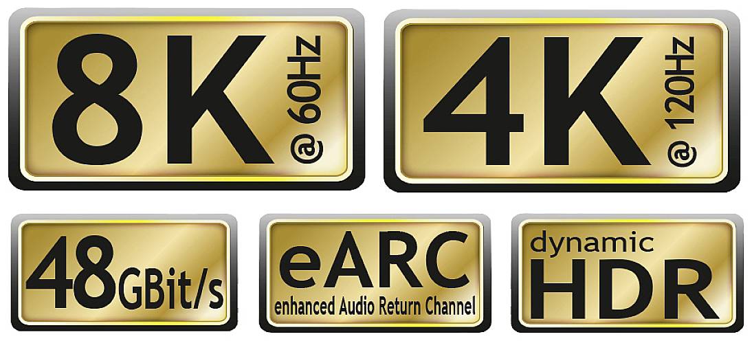 '8K@60Hz', '4K@120Hz', '48Gbit/s', 'eARC', 'dynamický HDR'. Tyto symboly udávají technické specifikace audio a video komponent.
