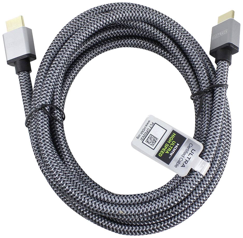 Opletený HDMI kabel se dvěma konektory, štítek s detaily 'Ultra High Speed', QR kód a specifikace.