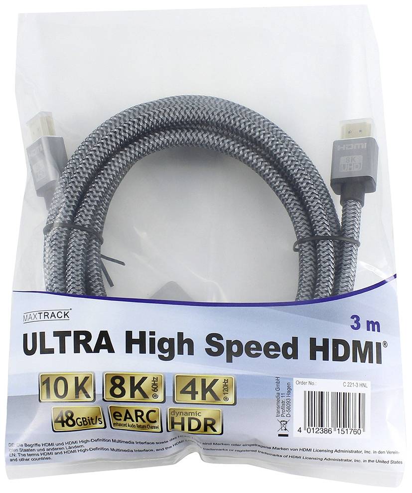 Ultravelký HDMI kabel s vysokou rychlostí v balení, 3 metry dlouhý, podporující 8K, 4K, 10K, 48 Gb/s, dynamické HDR, eARC.