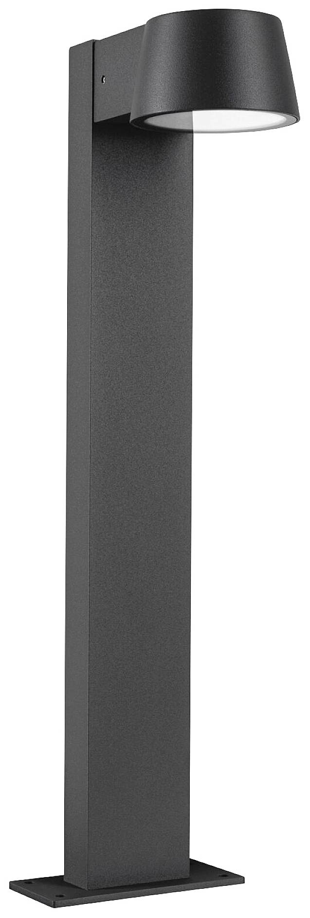 Moderní černá stojací lampa s kulatým stínidlem, vhodná do exteriéru.