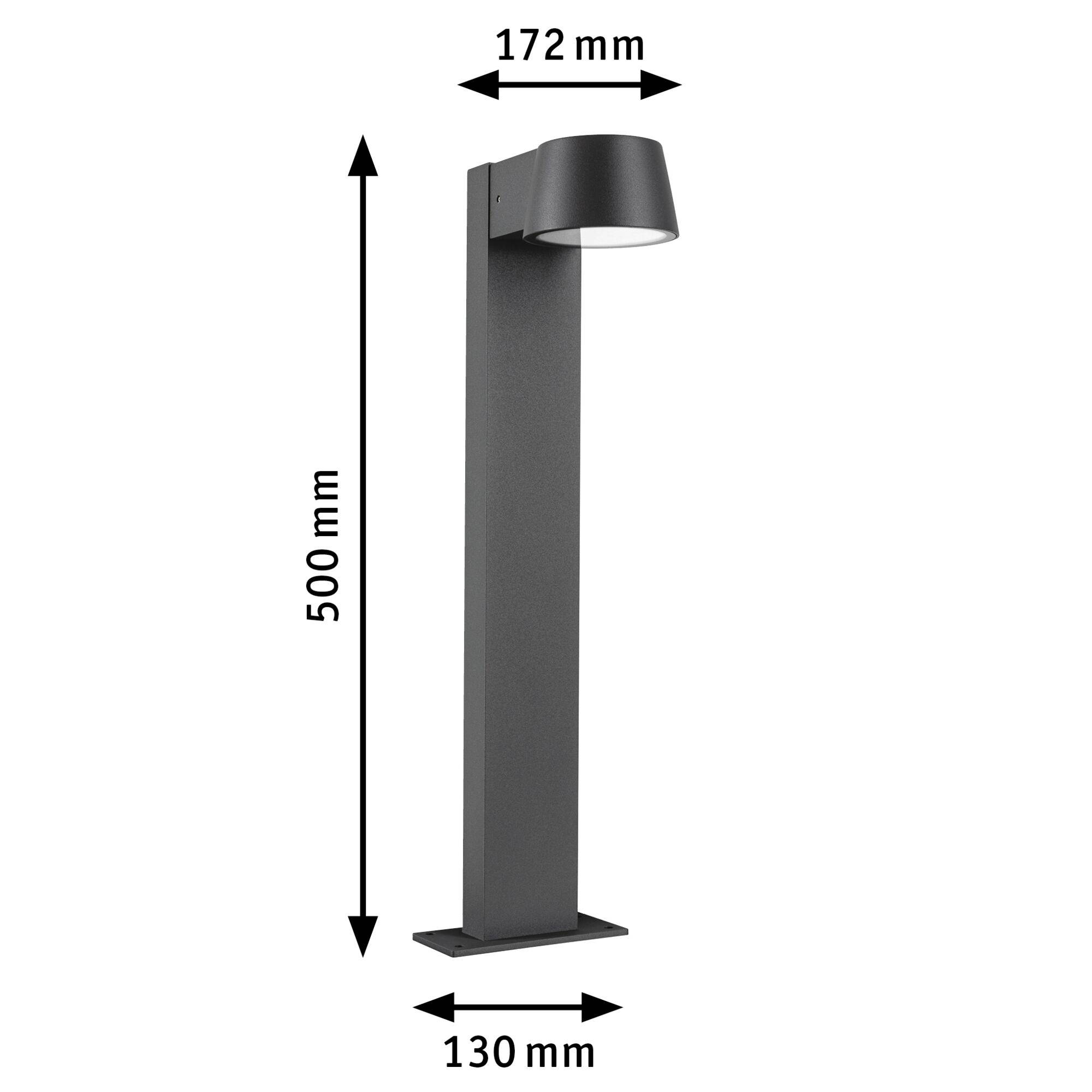 Černá venkovní lampa v moderním, přímém designu, vysoká 500 mm, široká 130 mm, s rozměry stínidla 172 mm.