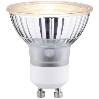 LED žárovka s paticí GU10, vyzařující teplé světlo. Je úsporná a vhodná pro použití ve vestavných svítidlech.