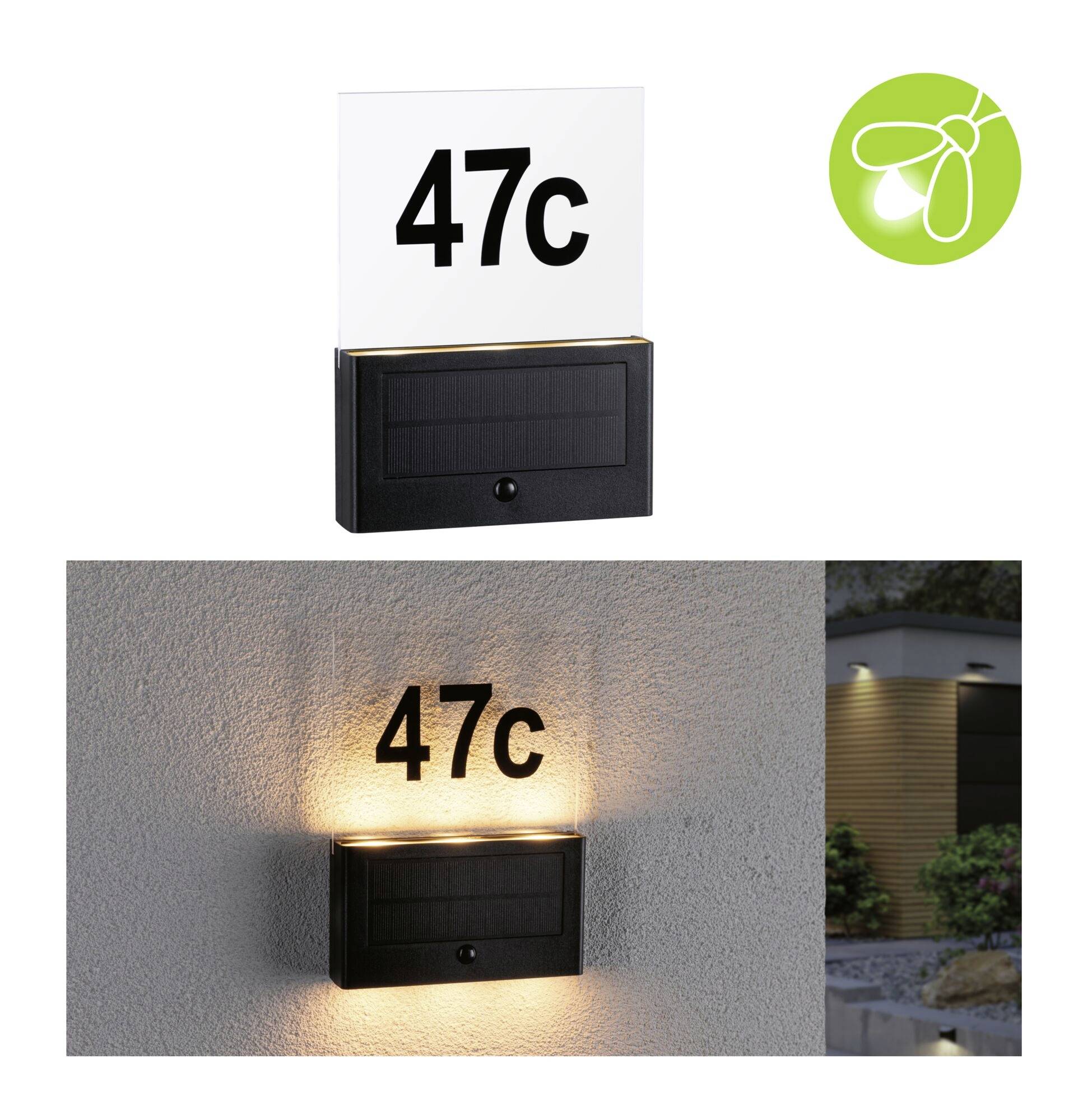 Solární pouliční osvětlení domovního čísla na zdi s číslem '47c'. Nahoře vpravo je zobrazeno zelené logo.