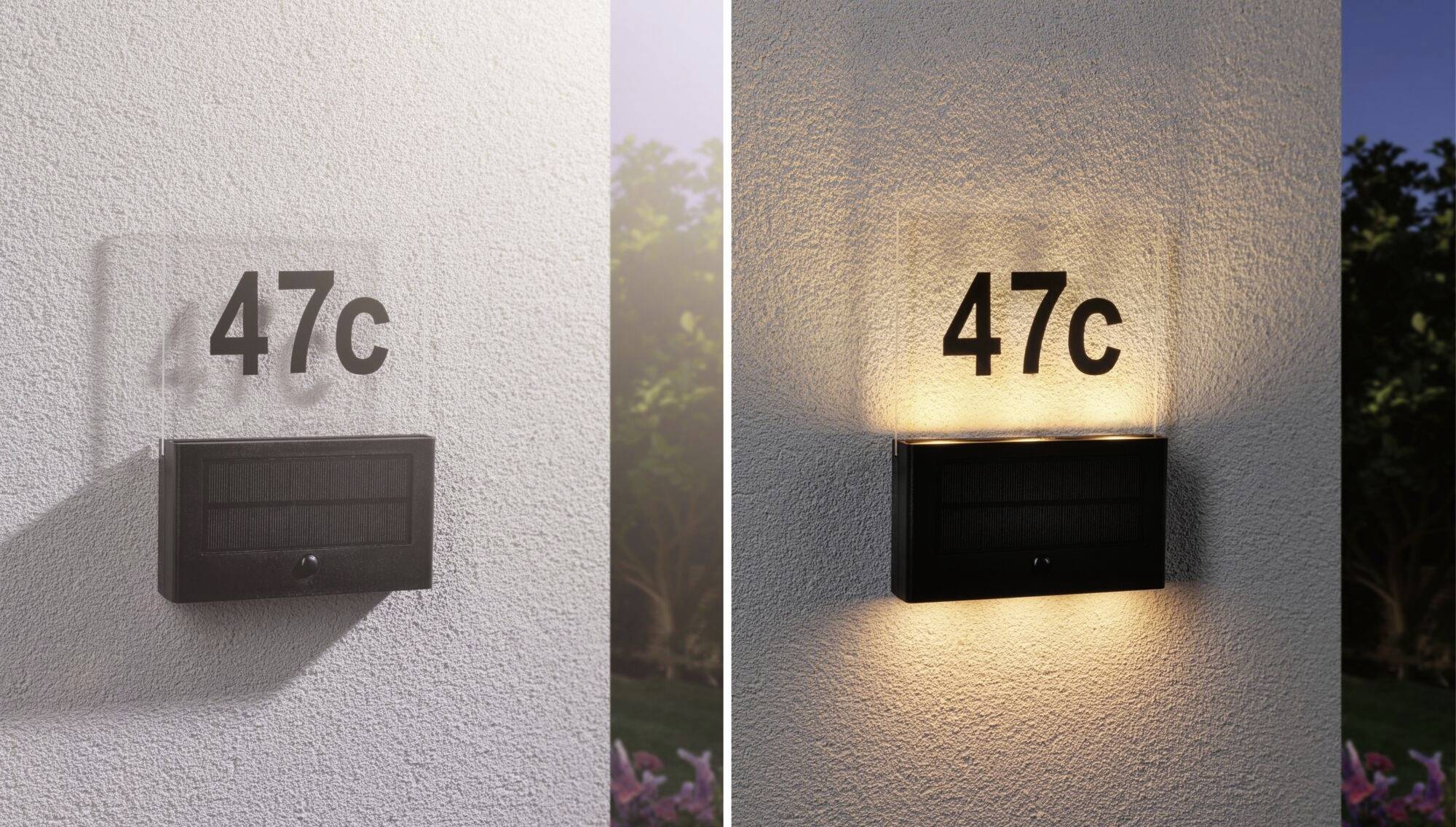 Číslo domu '47c' na venkovní zdi, osvětlené a neosvětlené. Vlevo: pohled za denního světla. Vpravo: večerní pohled s osvětlením.