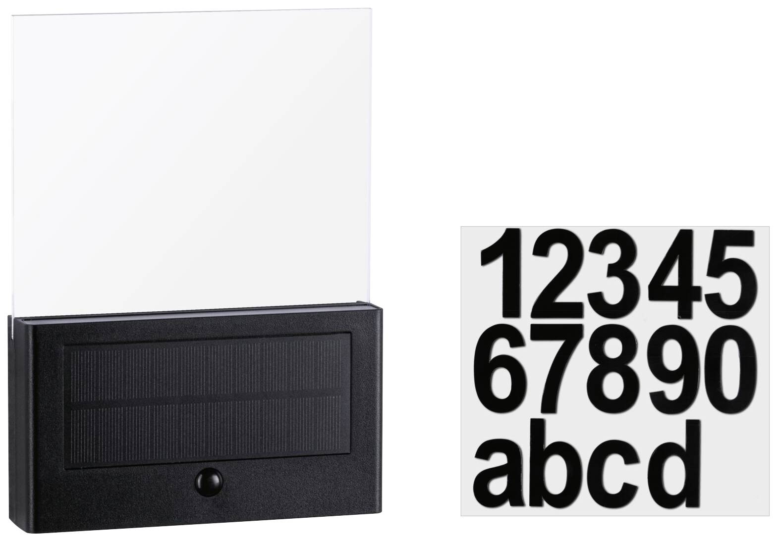 Solární osvětlení domovního čísla s přídavnou sadou číslic a písmen pro individuální designové ztvárnění domovního označení.