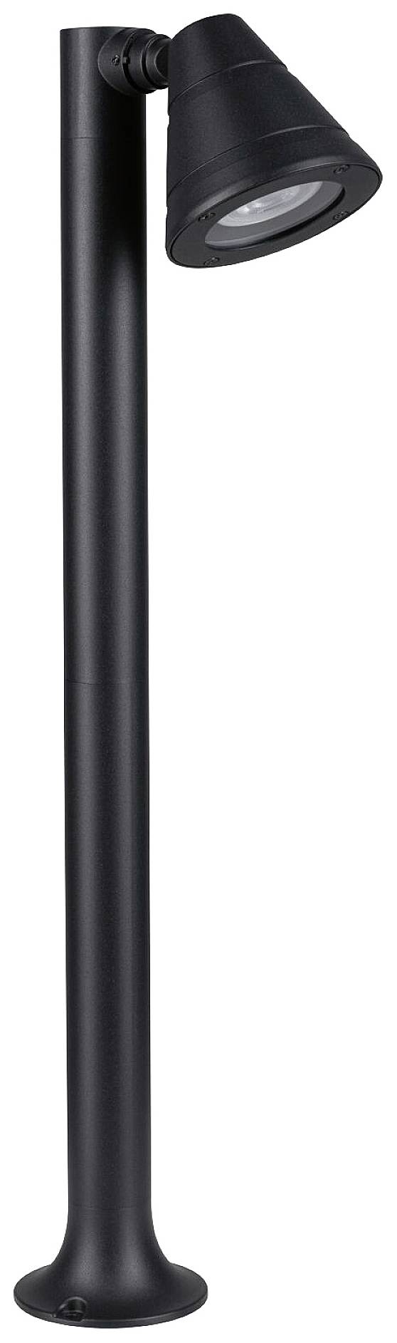 Černé venkovní osvětlení v elegantním, moderním designu s válcovitou základnou a stínítkem směřujícím dolů.