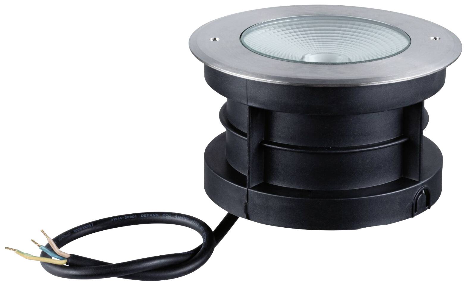 Kulatá černá venkovní vestavná svítidla s lemováním z nerezové oceli a skleněným krytem, kabel umístěný po straně.