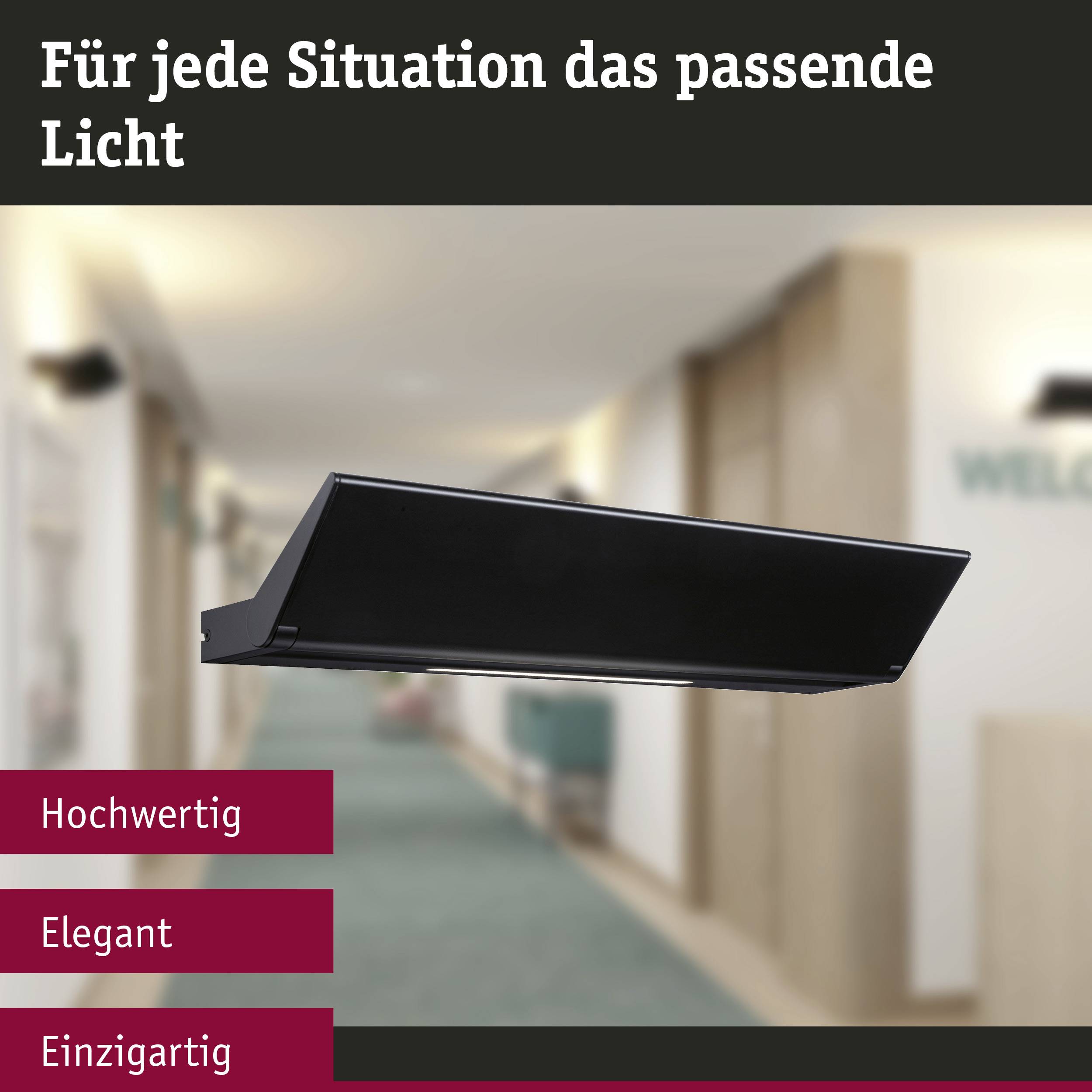 LED svítidlo visí v rozostřené chodbě. Text: 'To správné světlo pro každou situaci'. Kvality: Kvalitní, Elegantní, Jedinečné.