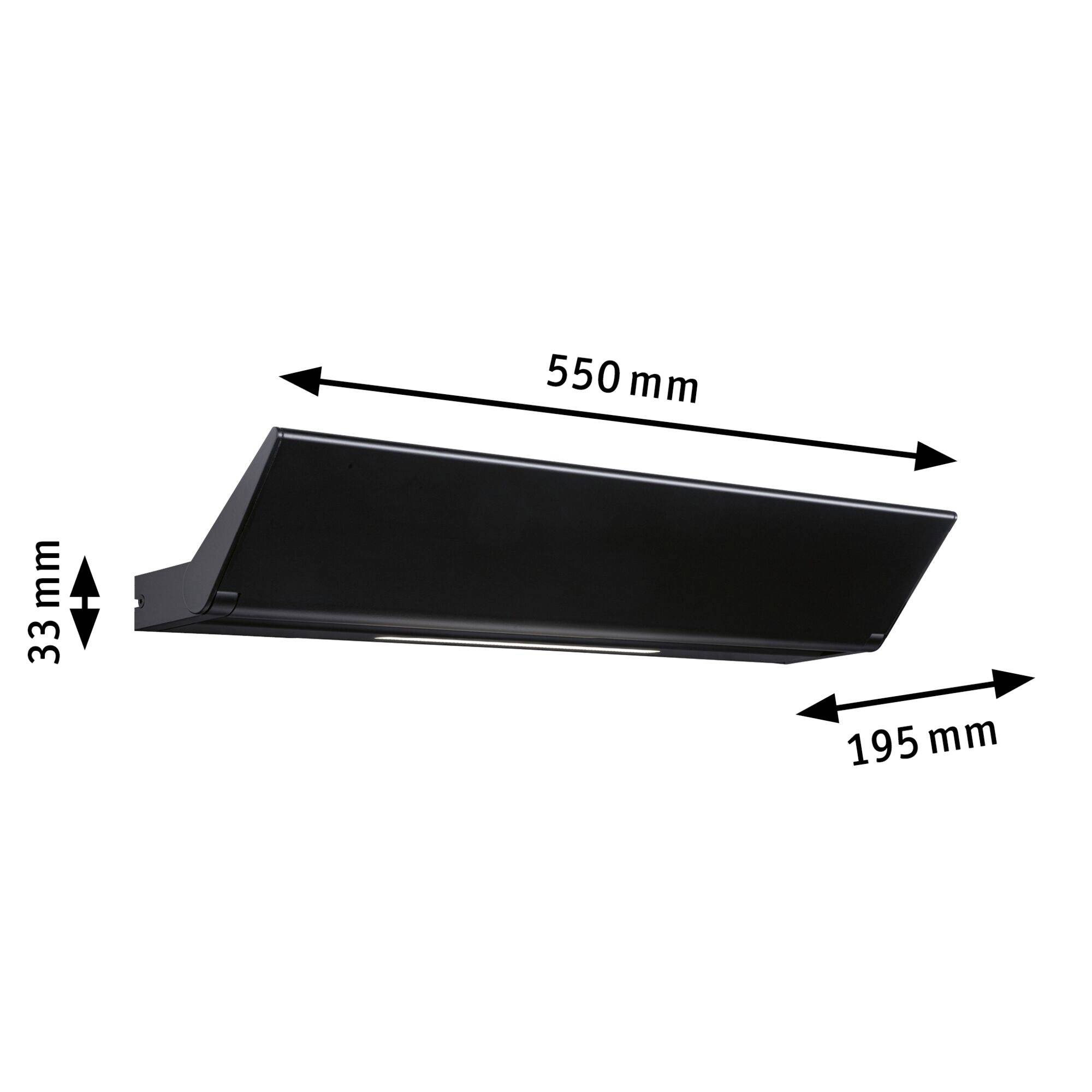 Černá vestavná digestoř s rozměry 550 mm x 195 mm x 33 mm.