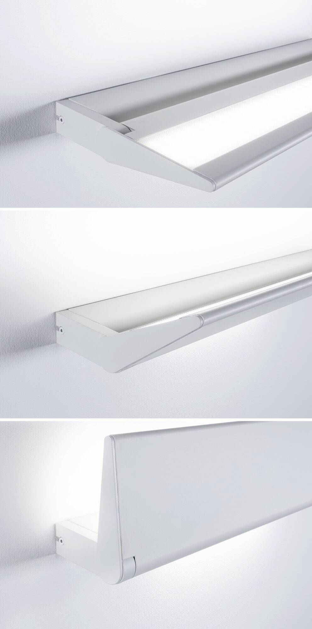 Tři pohledy na moderní bílou nástěnnou police s integrovaným LED osvětlením. Police má štíhlý, minimalistický design.