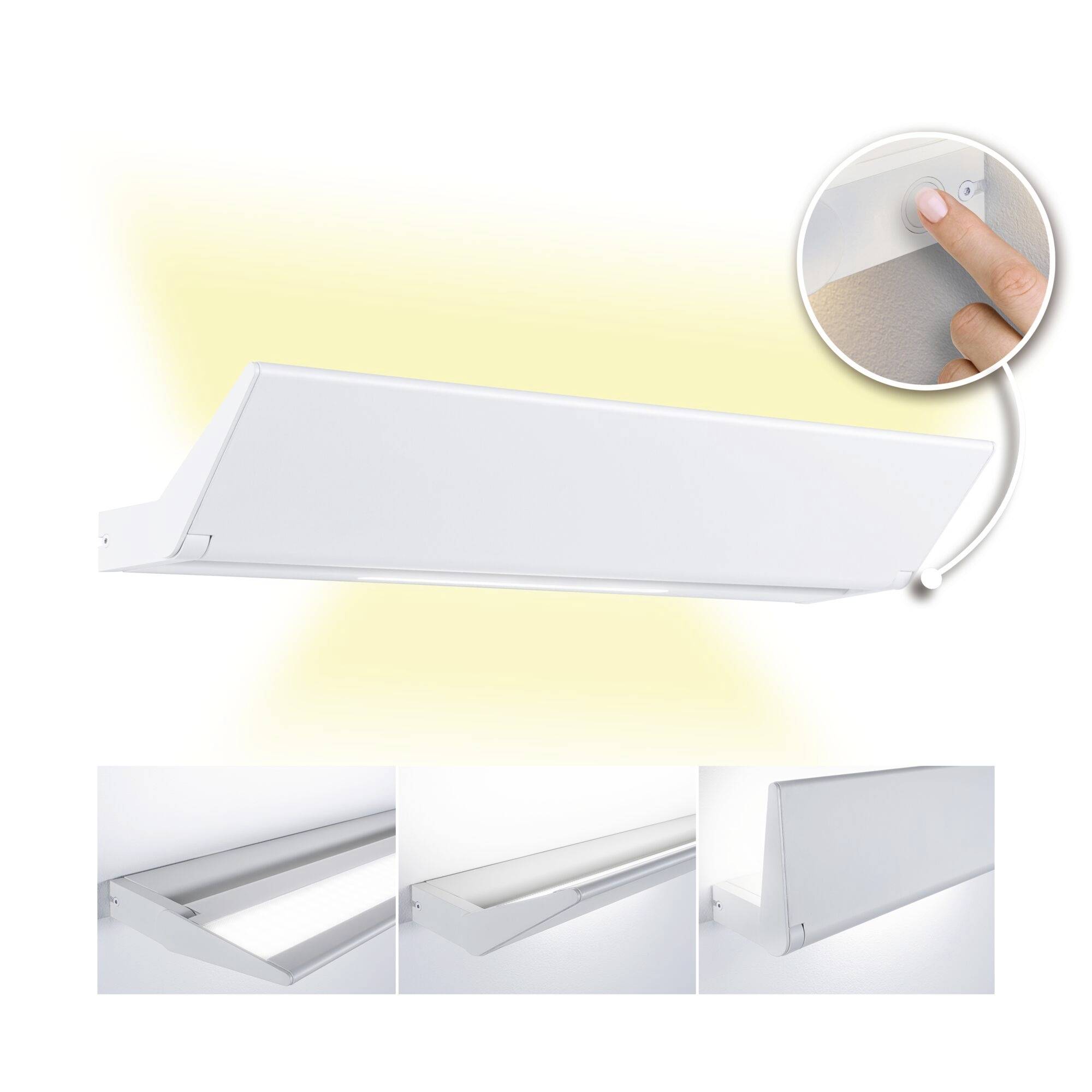 LED panel s nepřímým osvětlením, stmívatelný ve třech úrovních pomocí dotykového pole, namontovaný na stropě. Zobrazeno v provozním módu.