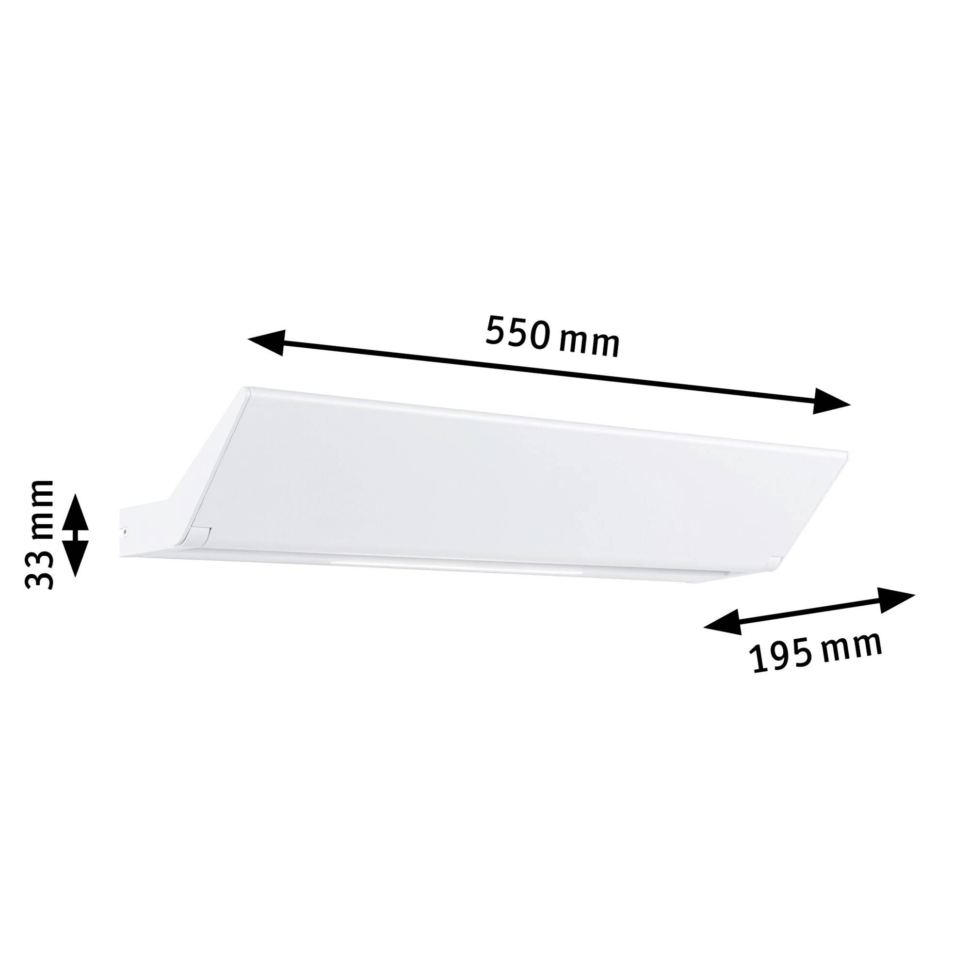 Bílý obdélníkový větrací otvor s rozměry 550 mm x 195 mm x 33 mm v diagonálním zavěšeném znázornění.