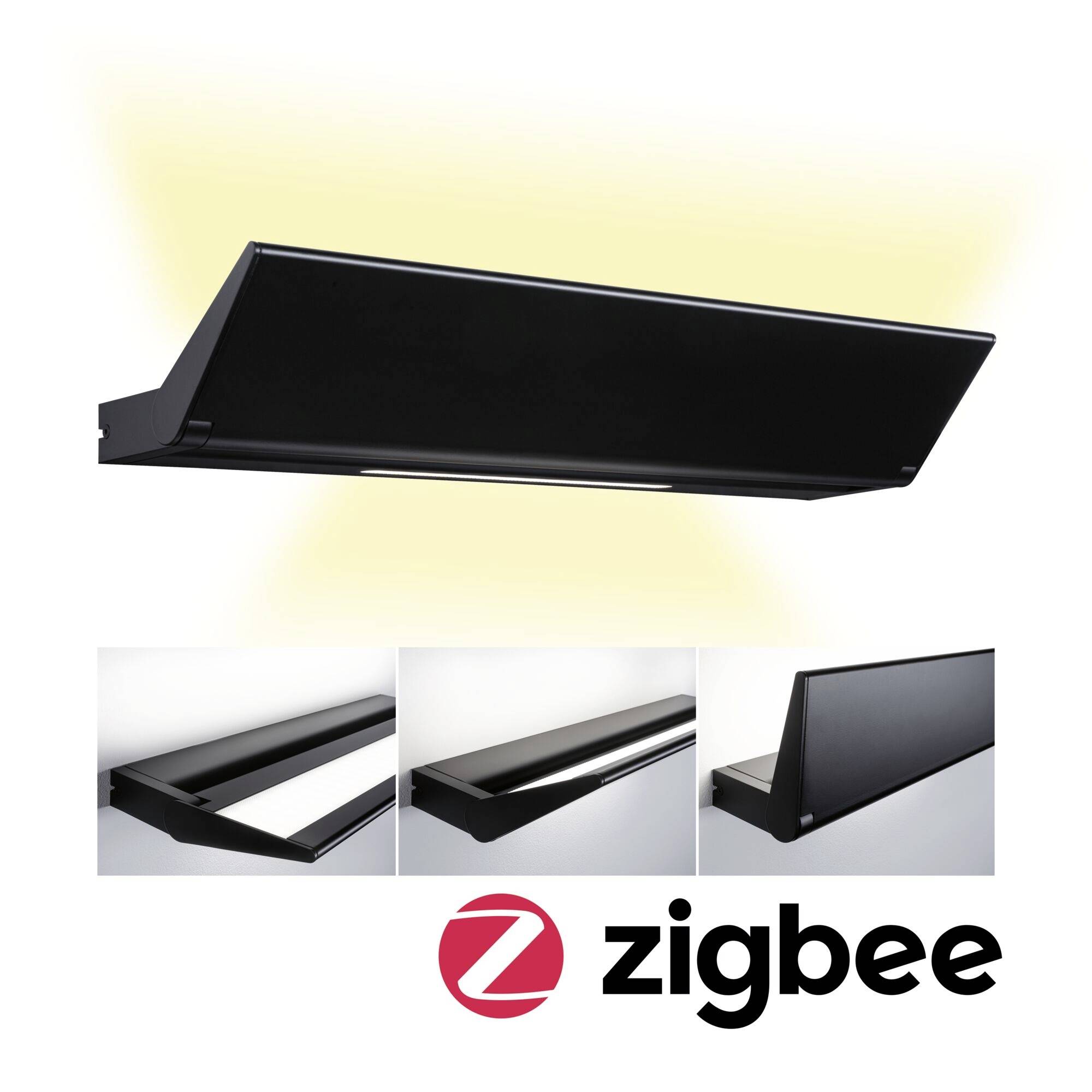 Černé LED podsadové svítidlo s logem Zigbee, zobrazené z různých úhlů. Vhodné pro chytré osvětlovací systémy, moderního designu.