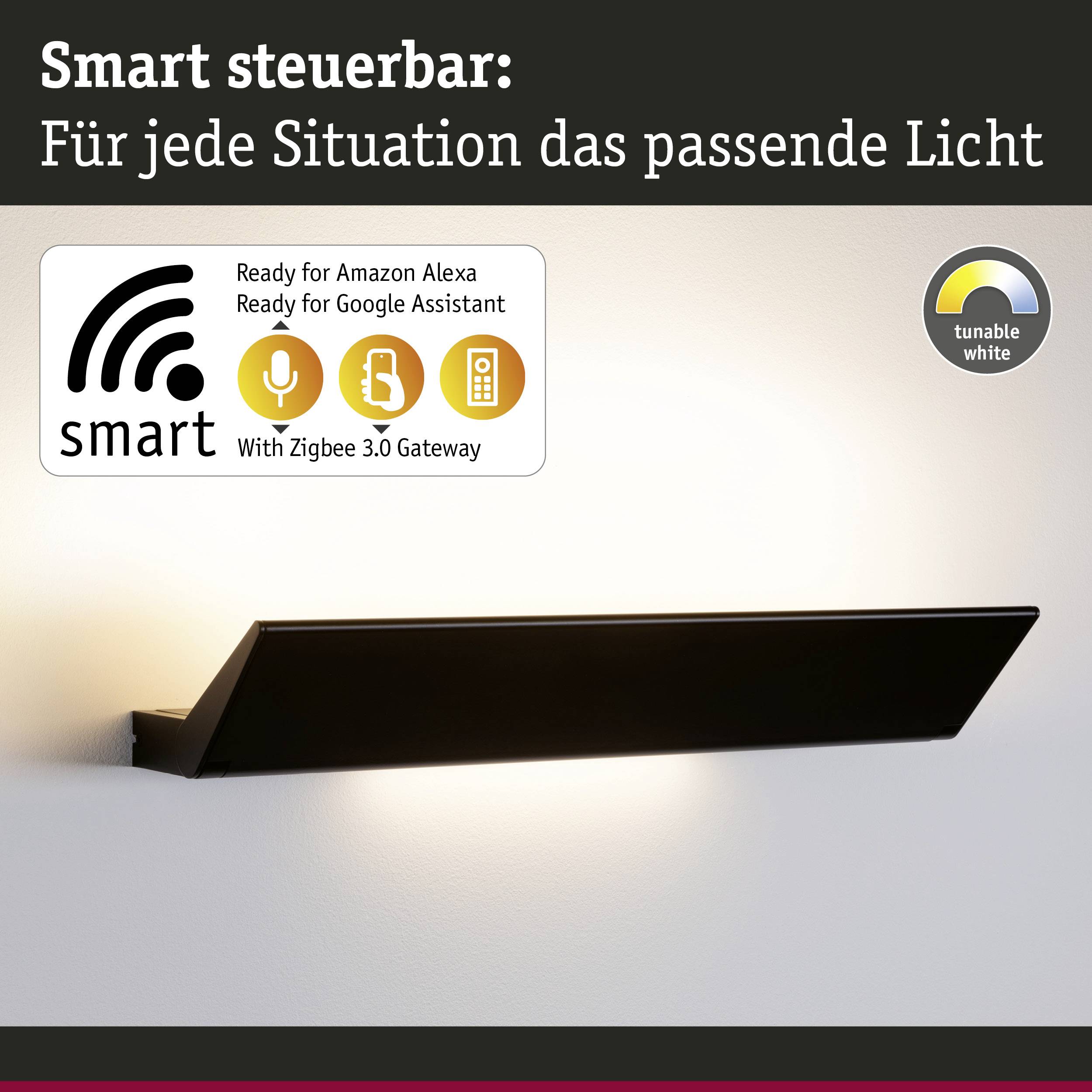 Moderní, chytrá nástěnná lampa. Text: 'Chytré ovládání: Správné světlo pro každou situaci'. Kompatibilní s Alexou a Google Assistantem.