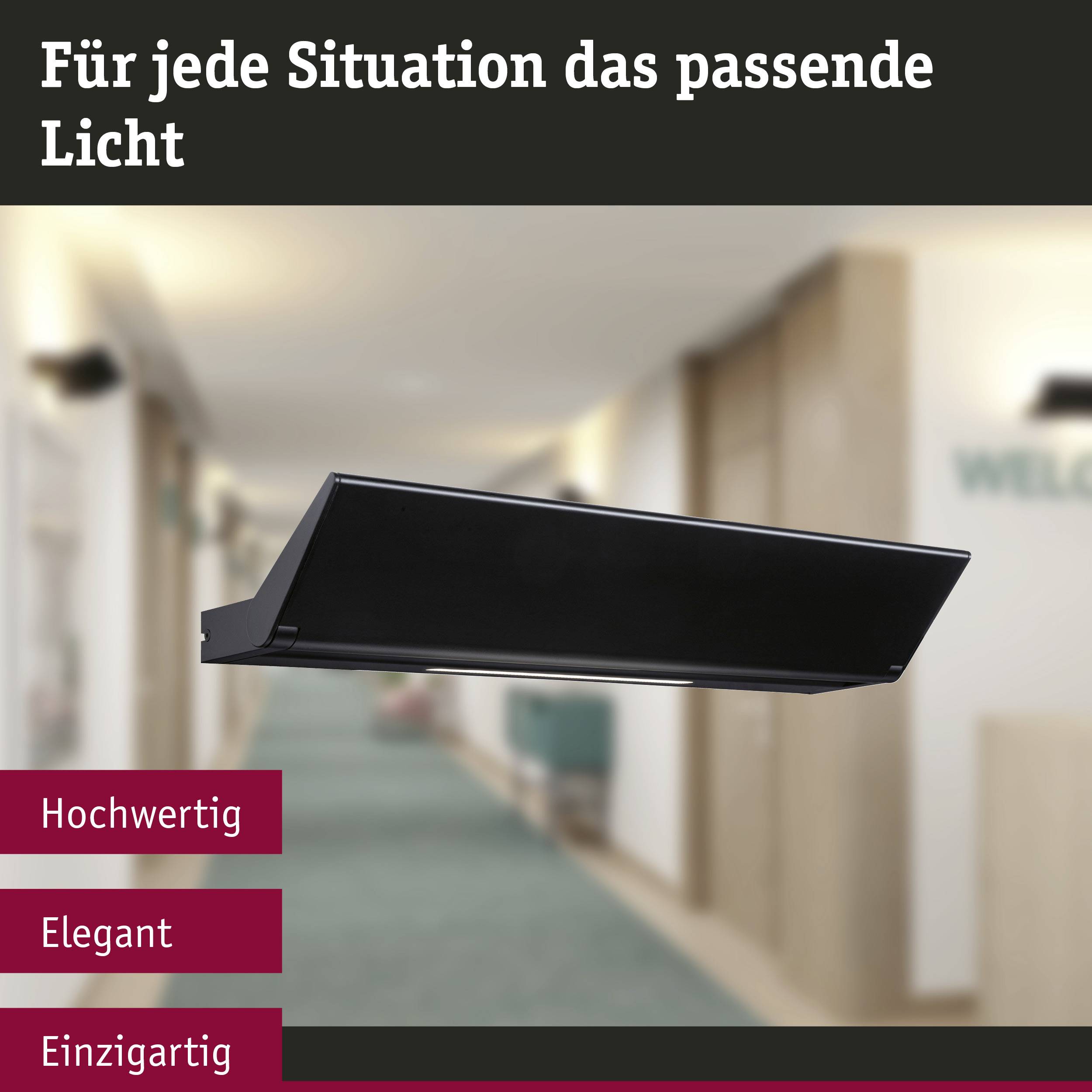 Černá stylová lampa se vznáší v rozmazané chodbě. Text nahoře: 'Správné osvětlení pro každou situaci'. Vlevo dole: 'Kvalitní', 'Elegantní', 'Jedinečné'.