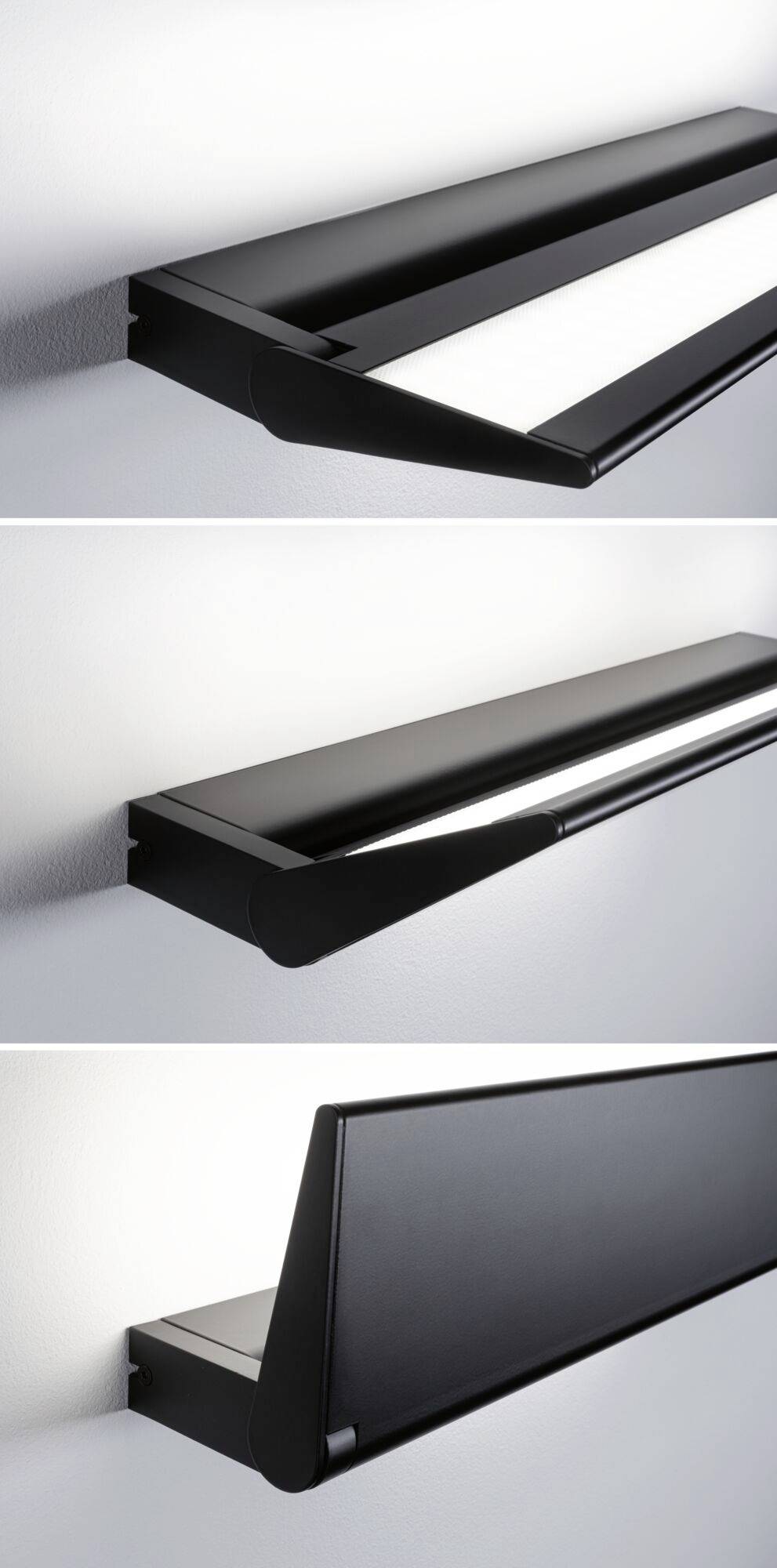 Tři obrázky moderního černého LED osvětlení namontovaného na stěně. Různé perspektivy ukazují štíhlý design.
