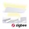 Bílý LED panel kompatibilní se Zigbee, zobrazený z několika pohledů, ukazuje své možnosti instalace. Je zobrazen Zigbee logotyp.