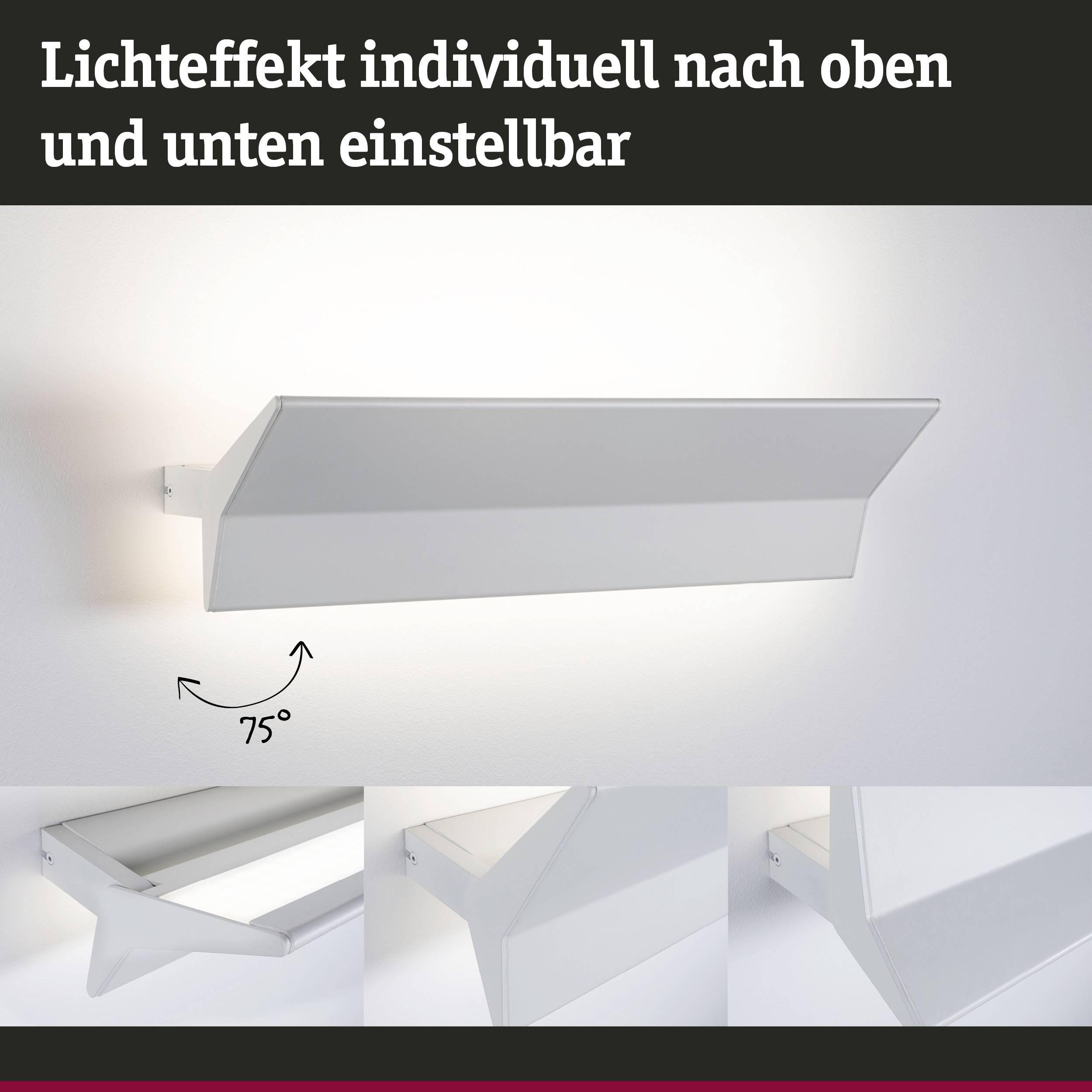 Nástěnná lampa s nastavitelným světelným efektem, výkyvná o 75°, zobrazující úhel osvětlení nahoru a dolů.