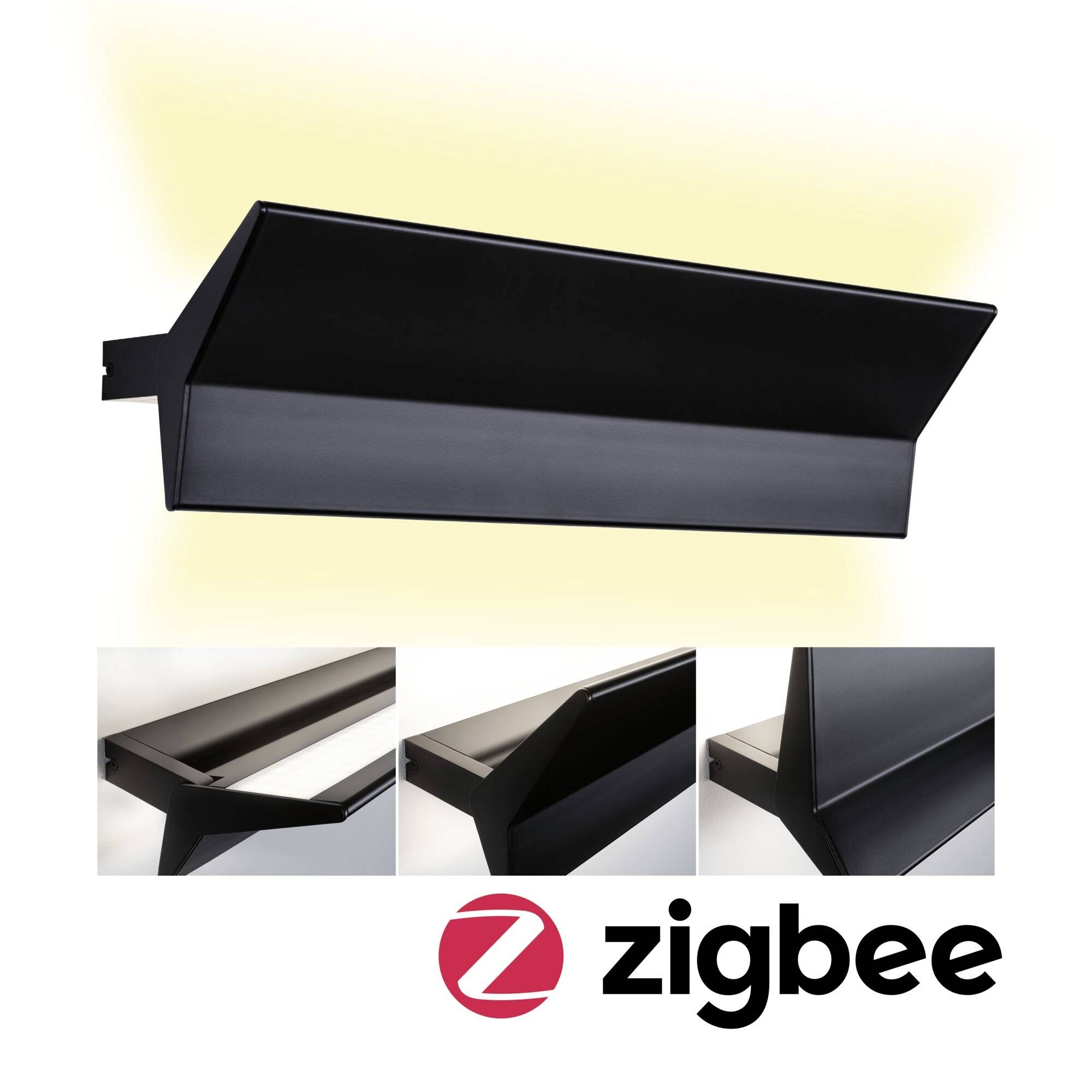 Černý nástěnný prvek s LED osvětlením, kompatibilní se technologií Zigbee. Čtyři detailní pohledy ukazují různé perspektivy.