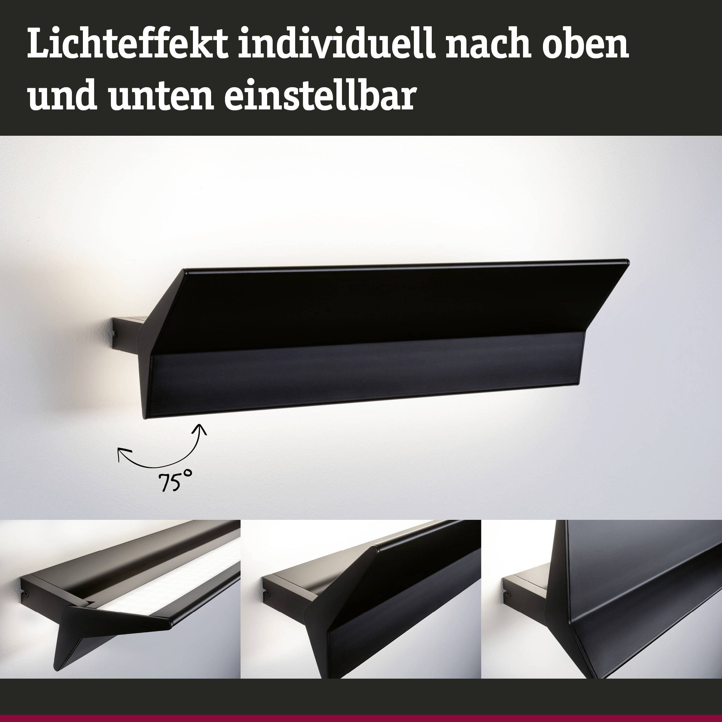 Černá nástěnná lampa s nastavitelným světelným efektem nahoře a dole, nastavitelná až do úhlu 75 stupňů.