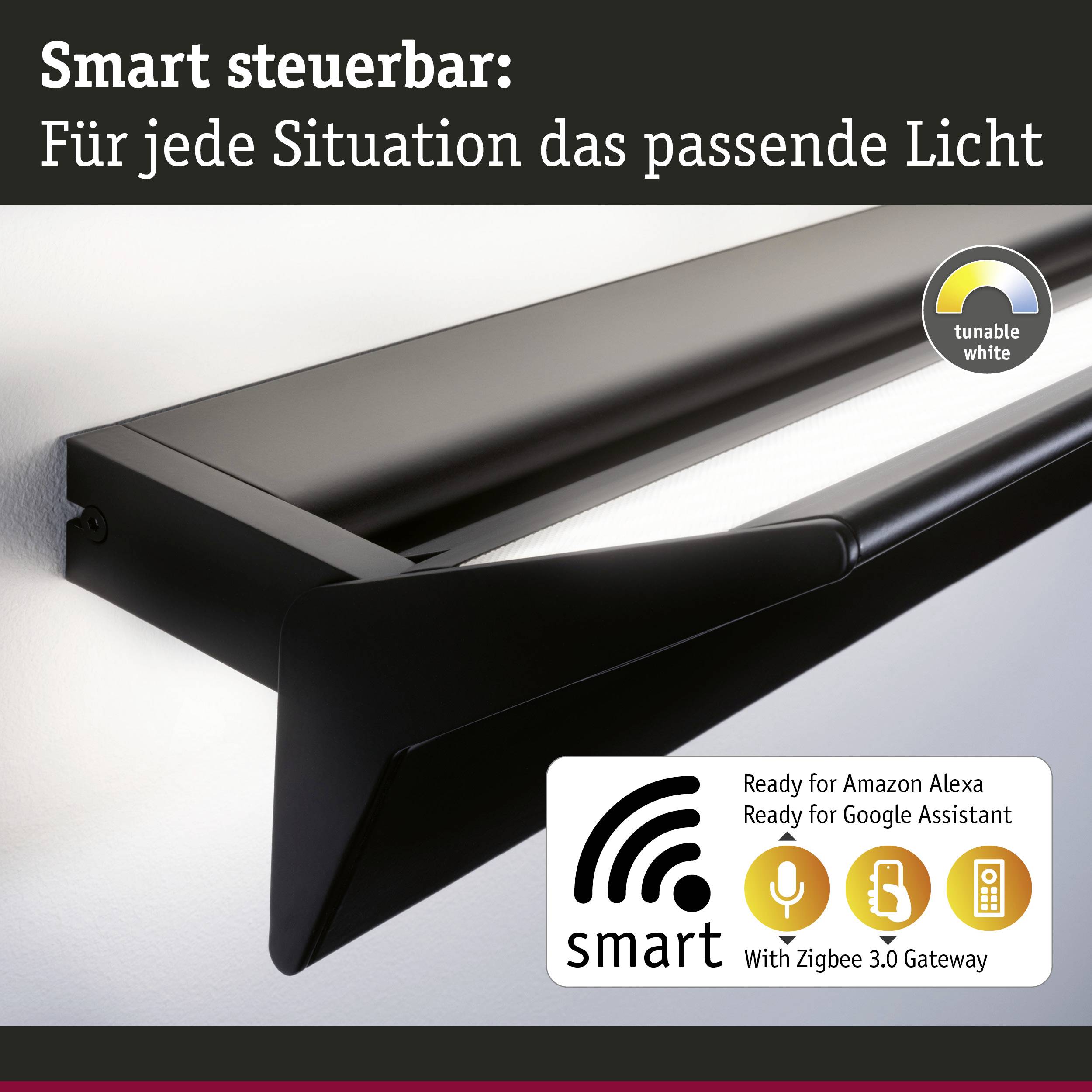 Chytrá nástěnná lampa s možností ovládání a ladění bílého světla. Text: 'Správné světlo pro každou situaci.' Kompatibilní s Alexou.