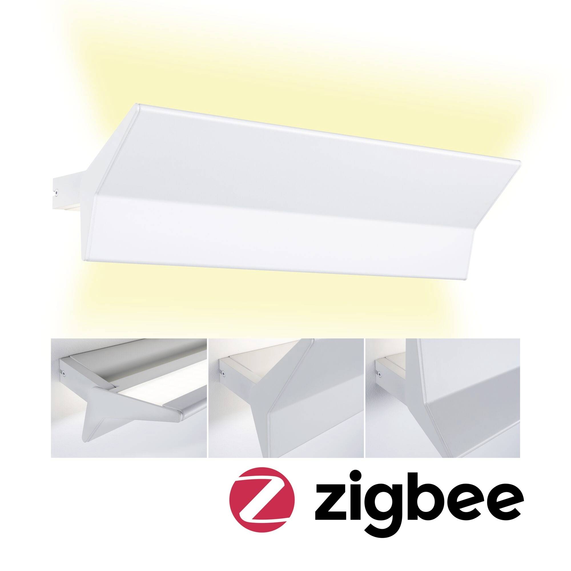 LED nástěnná lampa kompatibilní se Zigbee zobrazuje jemné, nažloutlé světlo. Jsou znázorněny tři detailní pohledy na svítidlo.