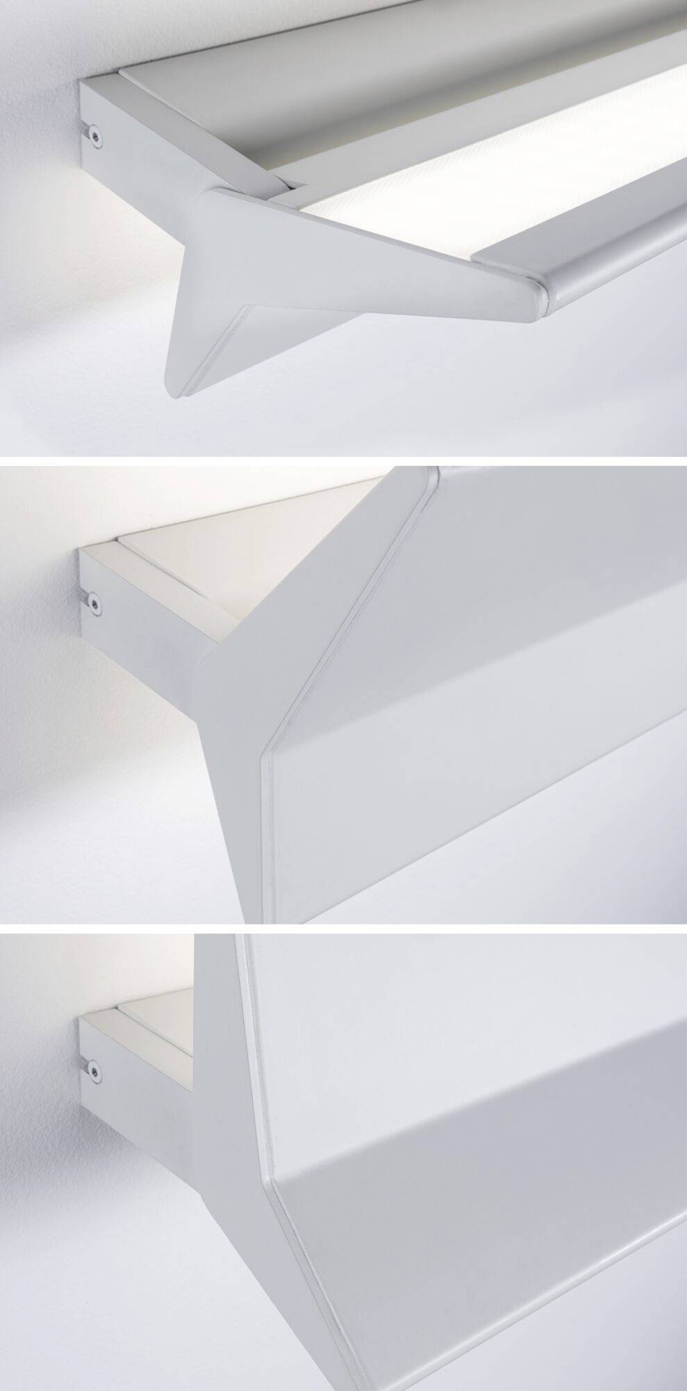 Design nástěnných lamp ze tří perspektiv: Minimalistický, moderní vzhled s čistými liniemi a trojúhelníkovými akcenty pro stylové osvětlení.