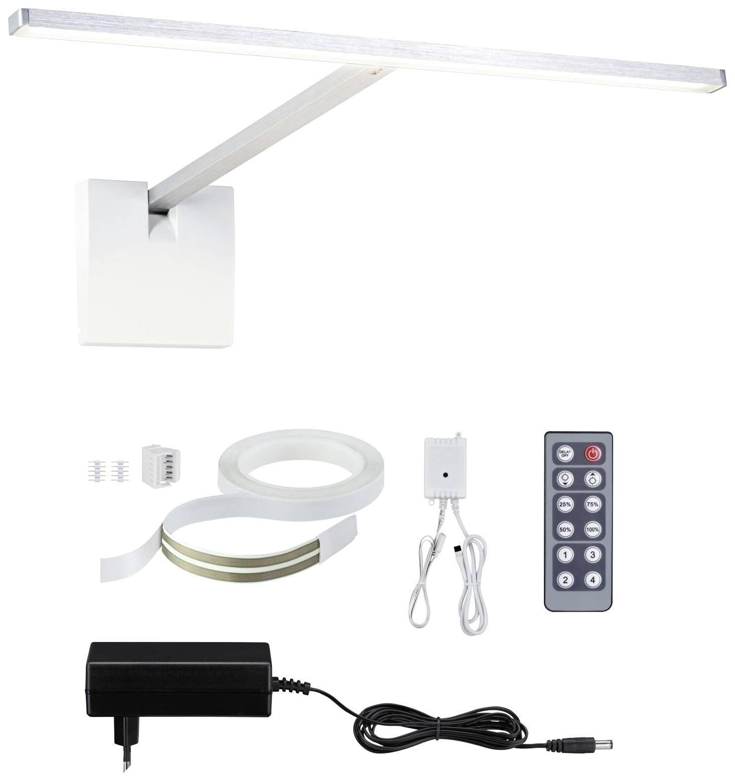 Nástěnná lampa s dlouhým LED ramenem, dálkovým ovládáním, napájecím adaptérem, kabelem a pásky pro instalaci. Vhodná pro akcentové osvětlení.